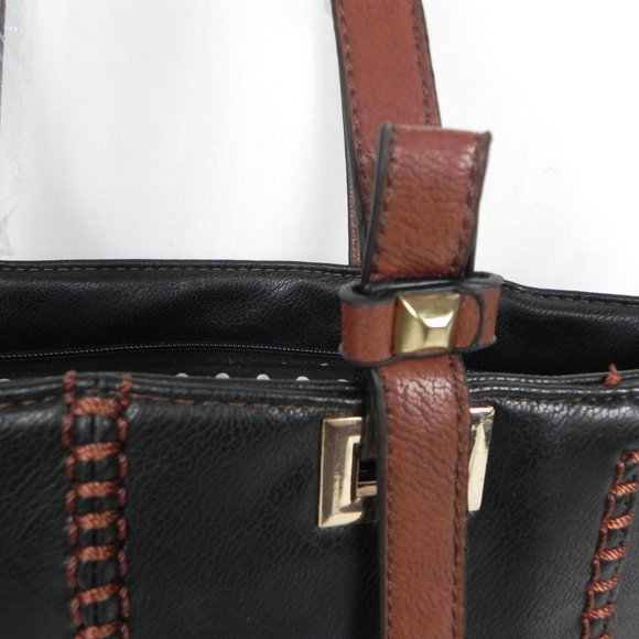 NWT Black & Brown Large Tote Bag | Faux Leather Tote with Polka Dot Interior - Picture 4 of 11